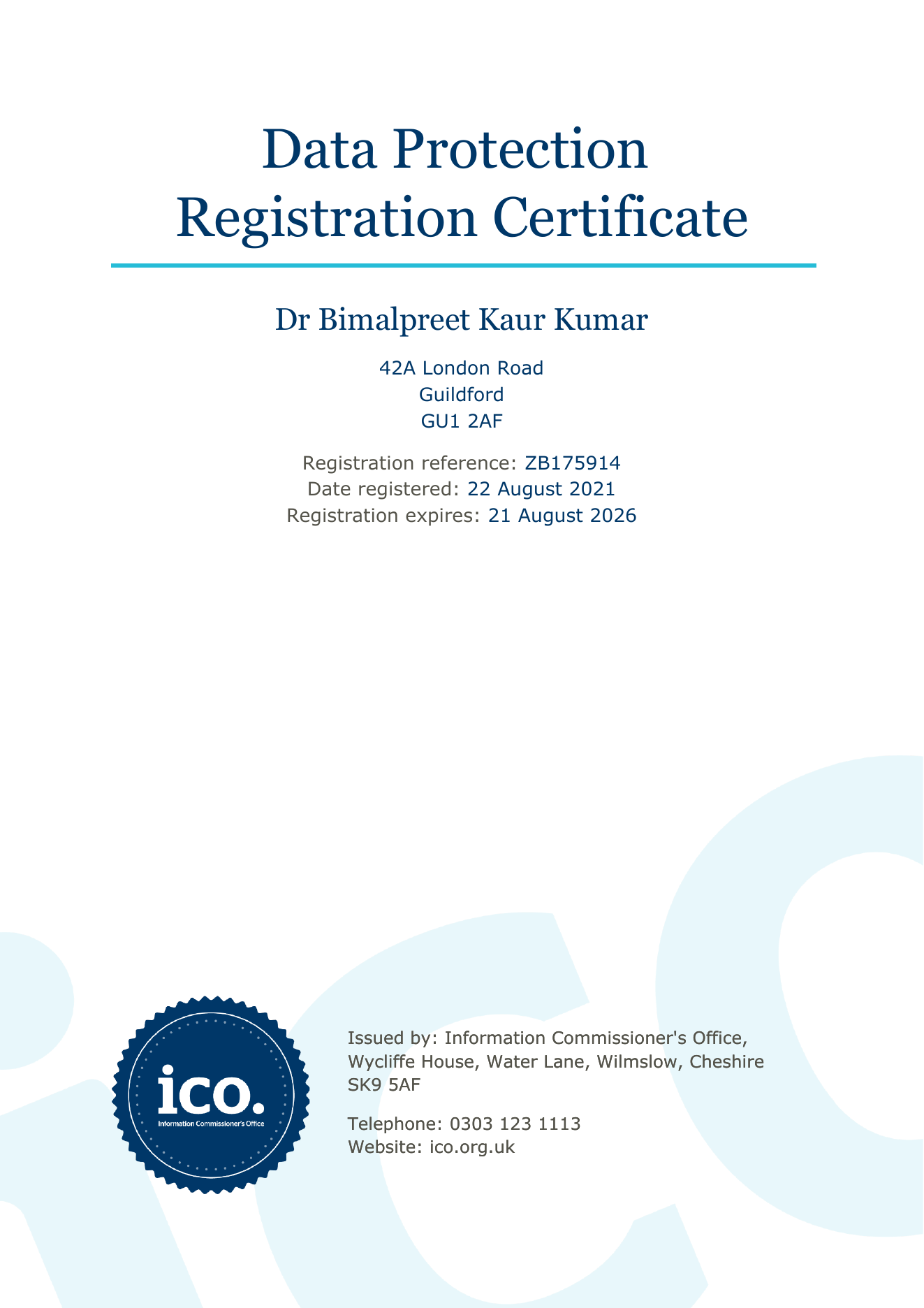 ICO Data Protection Registration Certificate for Dr Bimalpreet Kaur Kumar, reference ZB175914